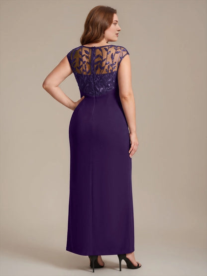 Elegant Sheath Bateau Neck Cap Sleeve Sheer Back Floor-Length Mother of the Bride Dress