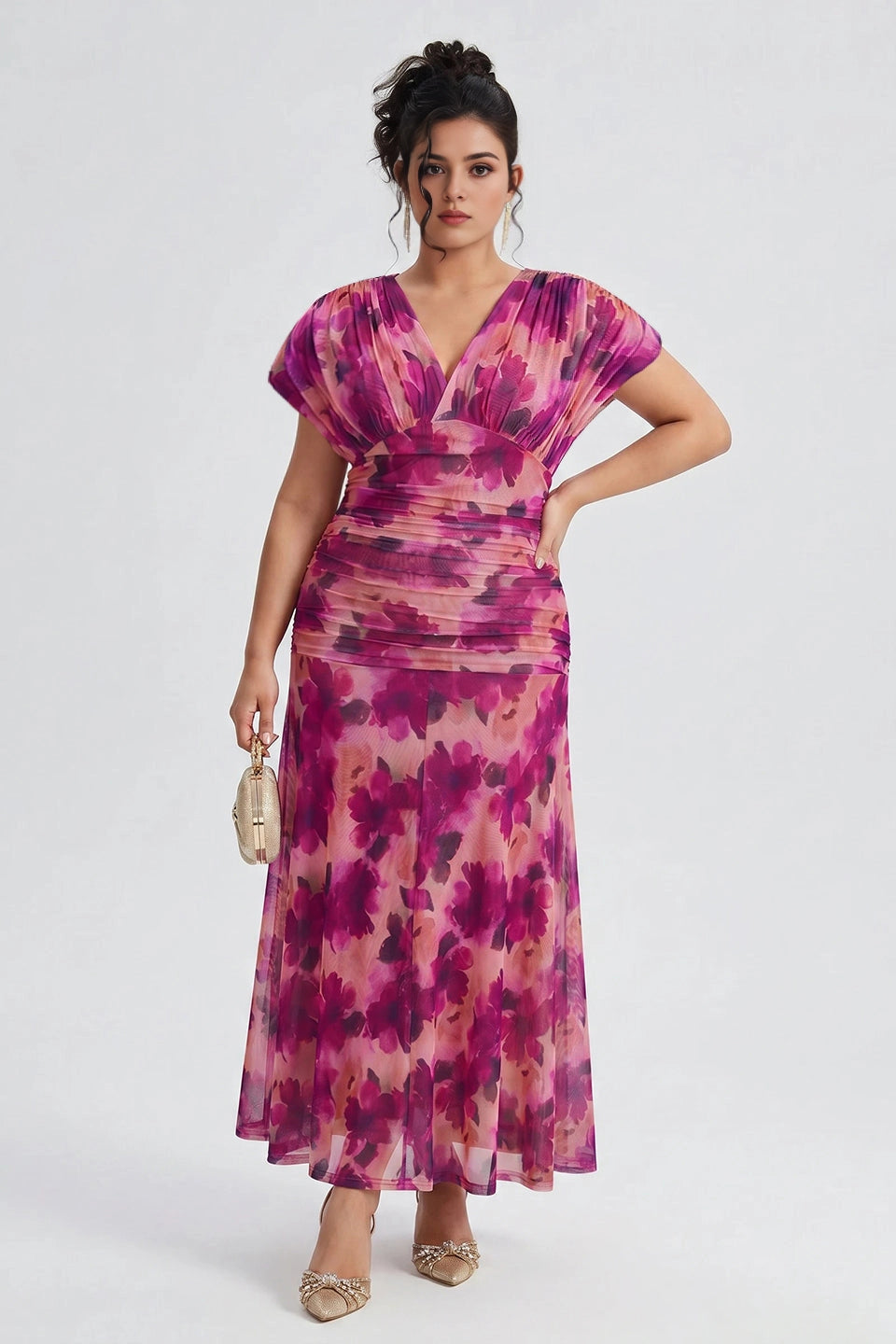 Chic Plus Size A‑Line Surplice‑V Flutter‑Sleeve Ruched‑Back Midi Mother Of Bride Dress