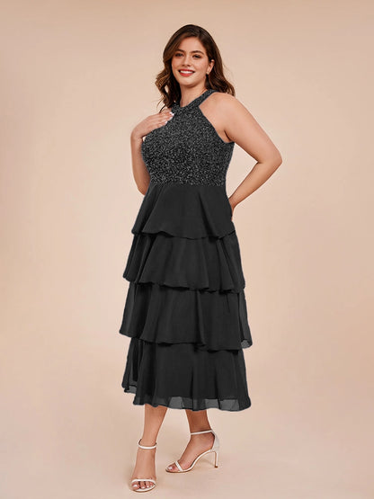 elegant a‑line halter sleeveless tie‑back midi plus size wedding guest dress
