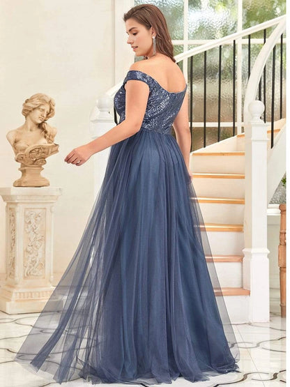 Glamorous A‑Line Off‑The‑Shoulder Cap‑Sleeve V‑Back Floor‑Length Plus Size Prom Dress