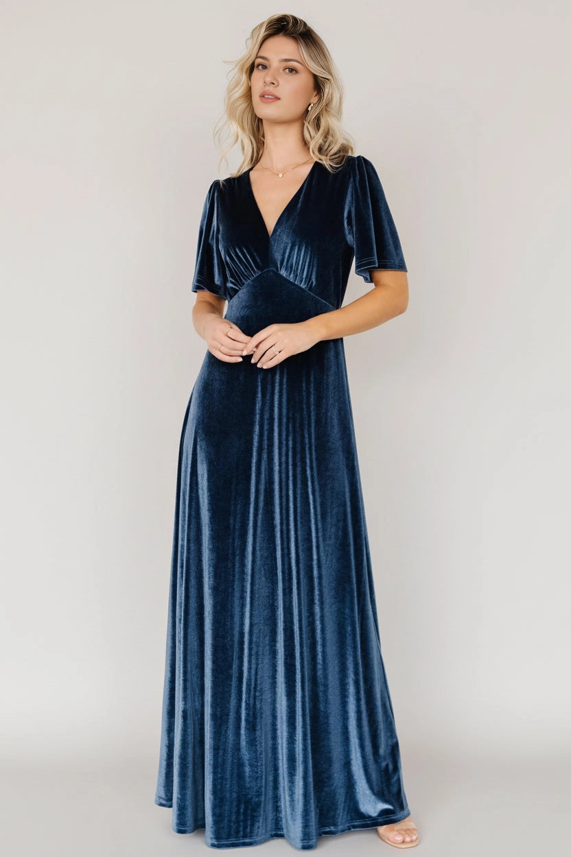 Elegant A‑Line V‑Neck Short‑Sleeve Keyhole‑Back Floor‑Length Mother Of Bride Dress