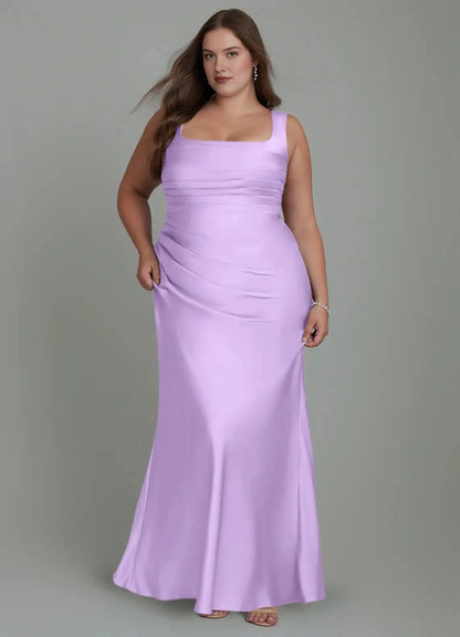 Elegant Mermaid Square-Neck Sleeveless Lace-Up-Back Floor-Length Plus Size Bridesmaid Dress