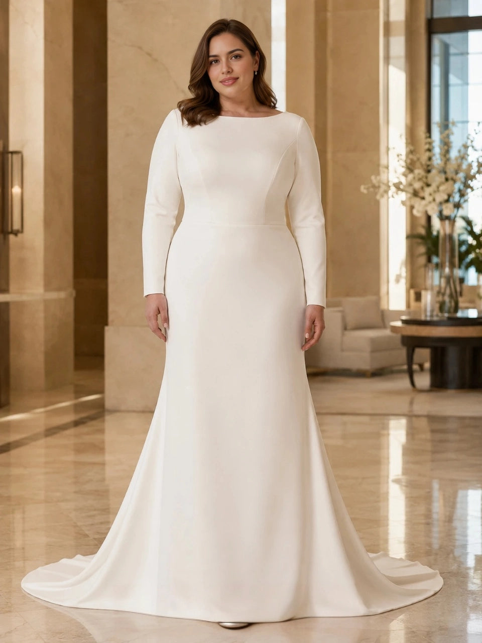 Ivory plus size mermaid wedding dress with bateau neckline, long sleeves and a smooth fitted silhouette.