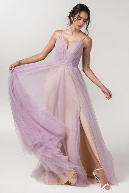 Romantic Plus Size Tulle A-Line V-Neck Sleeveless Twist-Back Floor-Length Bridesmaid Dress