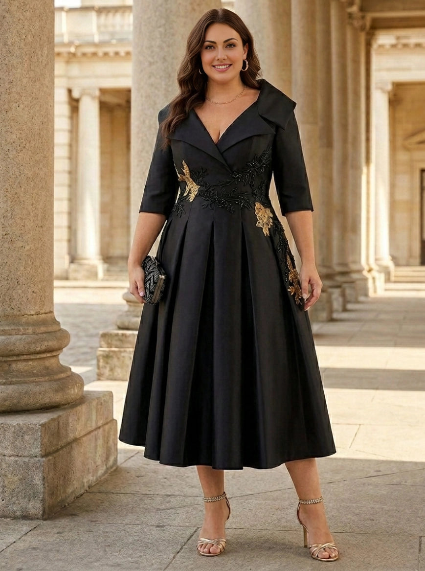 Roselledress black plus size mother of bride dress lapel v neck gold applique satin midi gown front view