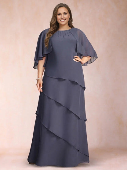 Roselledress slate blue plus size mother of bride dress beaded neck flutter sleeve tiered chiffon maxi gown front view