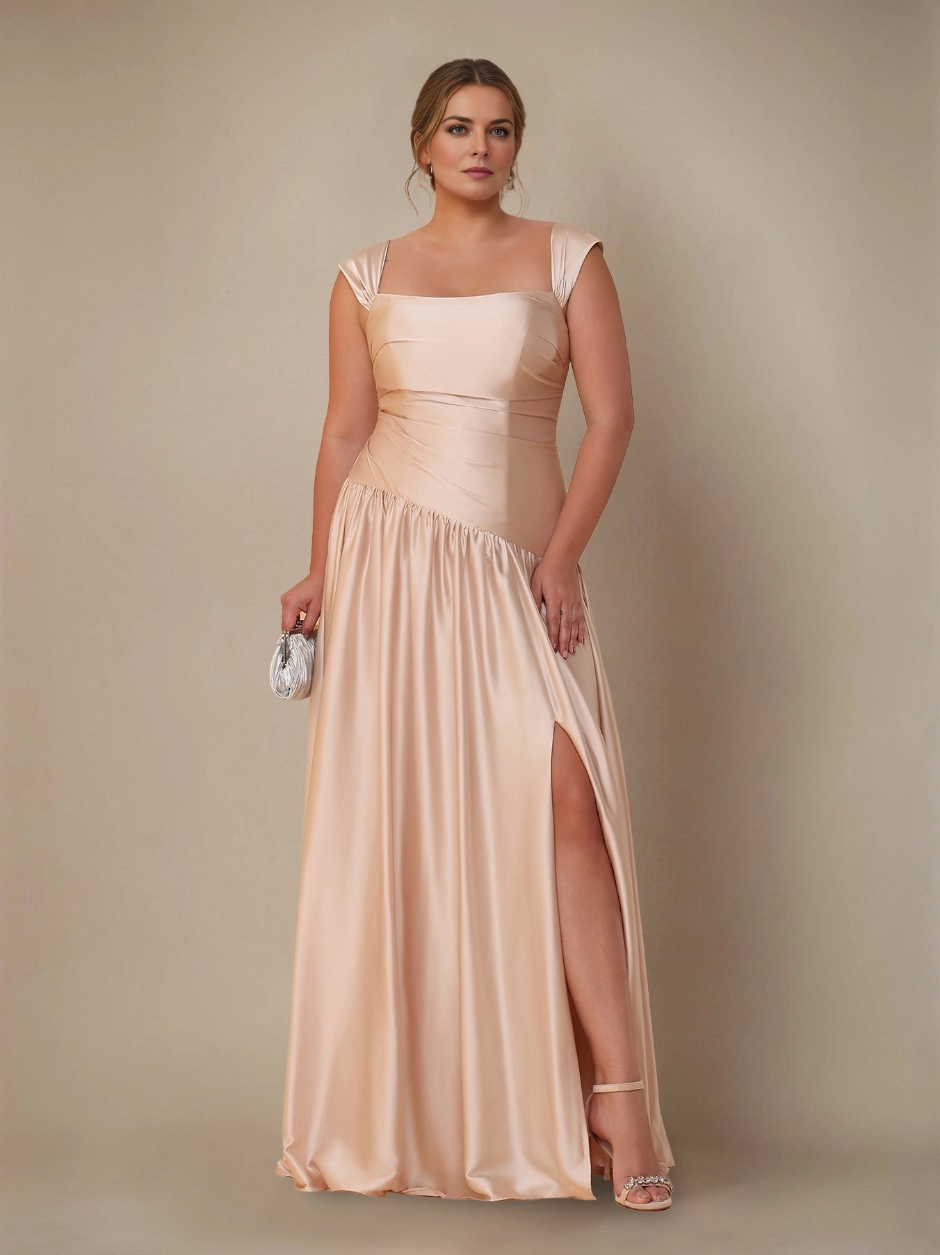Roselledress champagne plus size bridesmaid dress convertible square neck satin maxi gown front view