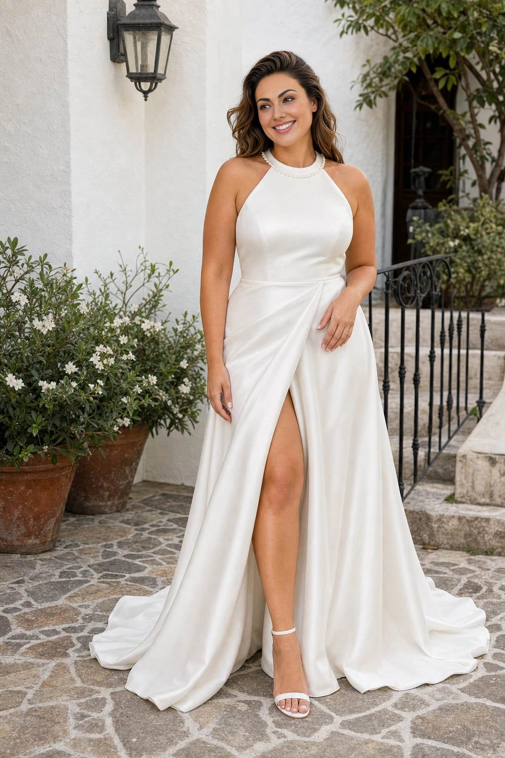 Roselledress white satin plus size wedding dress front view, halter pearl neck high slit a-line bridal gown with train