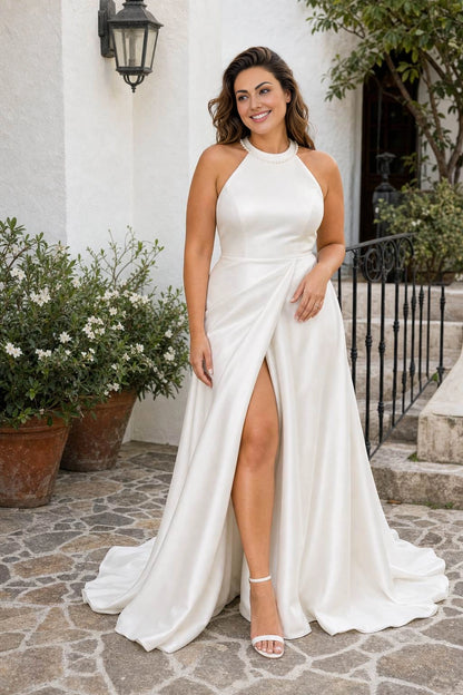 Roselledress white satin plus size wedding dress front view, halter pearl neck high slit a-line bridal gown with train