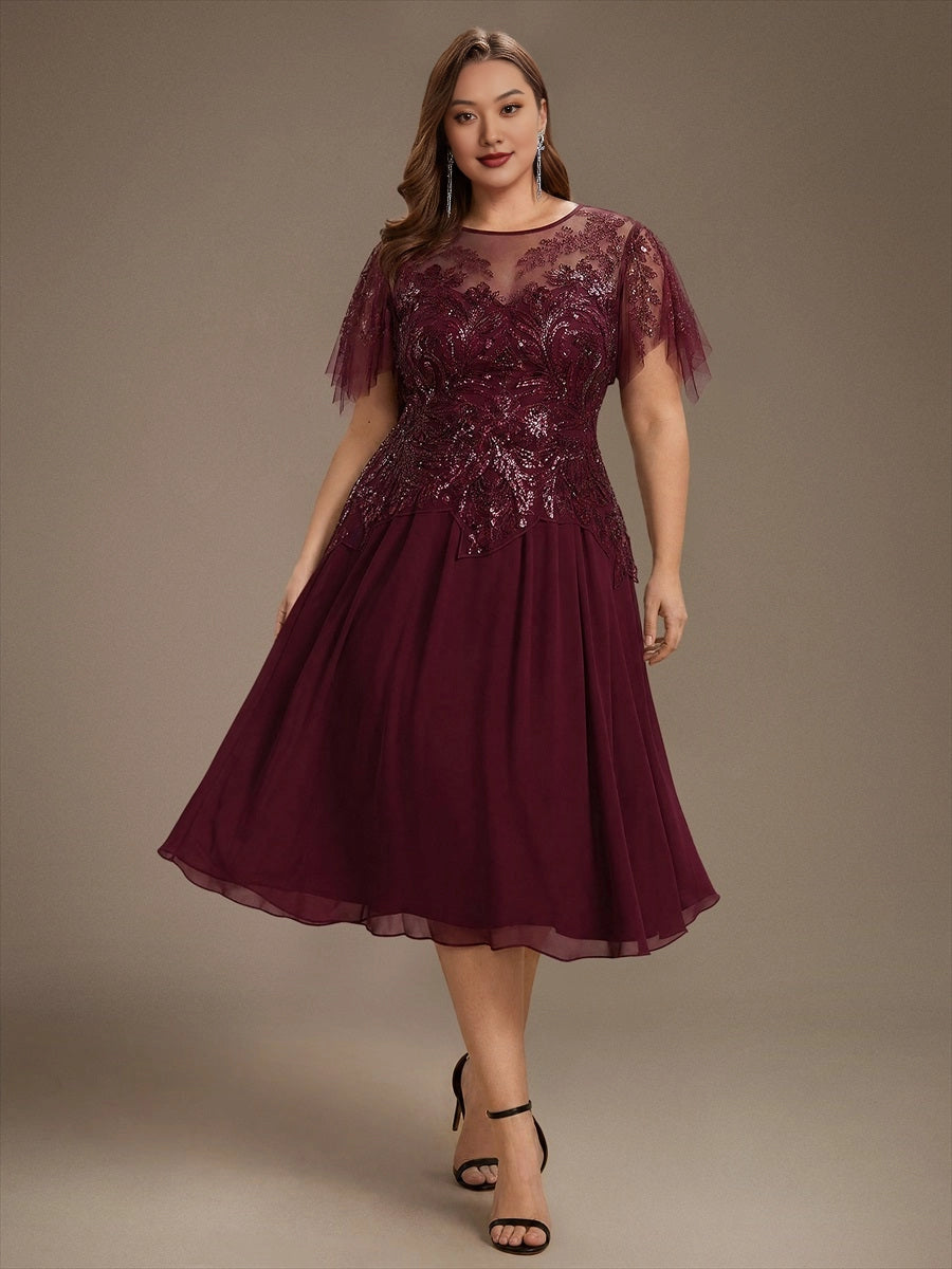 Roselledress burgundy plus size a-line midi dress illusion neck flutter sleeve sequin lace chiffon front view