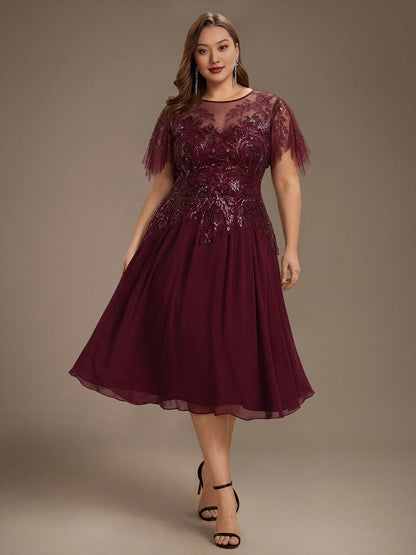 Roselledress burgundy plus size a-line midi dress illusion neck flutter sleeve sequin lace chiffon front view