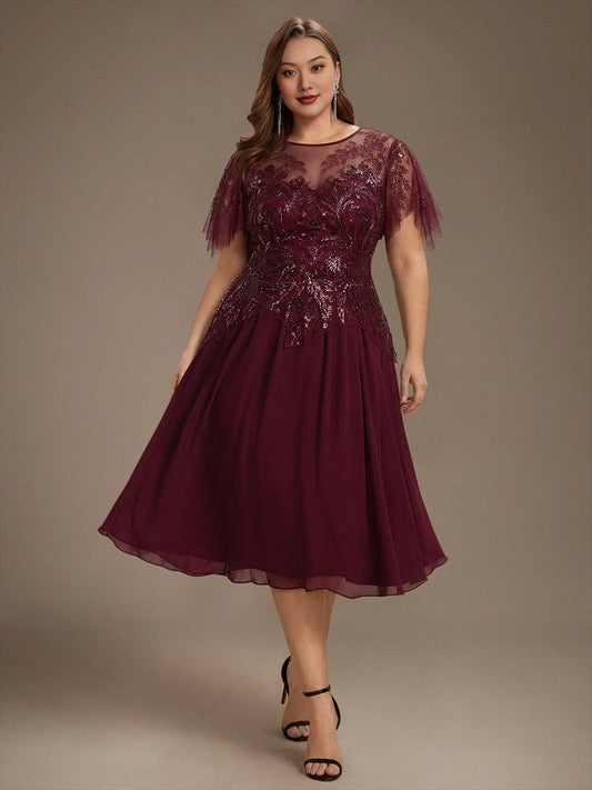 Roselledress burgundy plus size a-line midi dress illusion neck flutter sleeve sequin lace chiffon front view