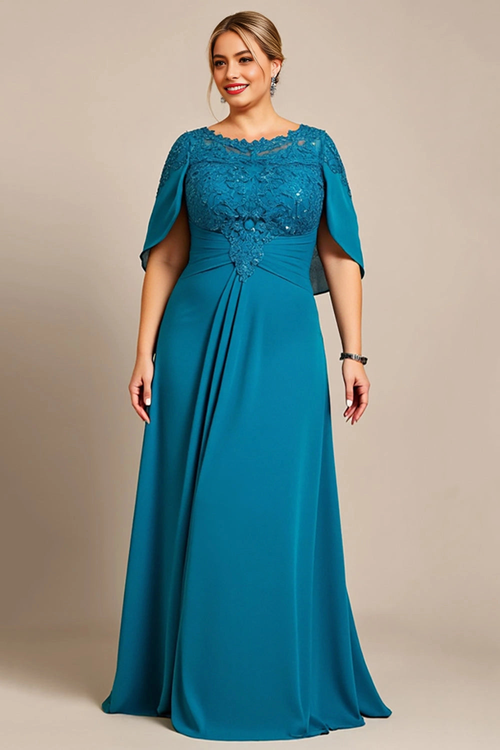 Roselledress teal plus size mother of bride dress lace cape sleeve chiffon maxi gown front view