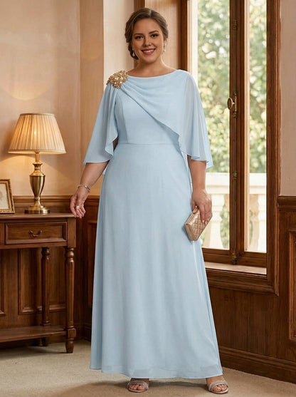 Roselledress light blue plus size mother of the bride dress front view, draped neck cape sleeve chiffon gown with gold rhinestone applique a-line maxi skirt