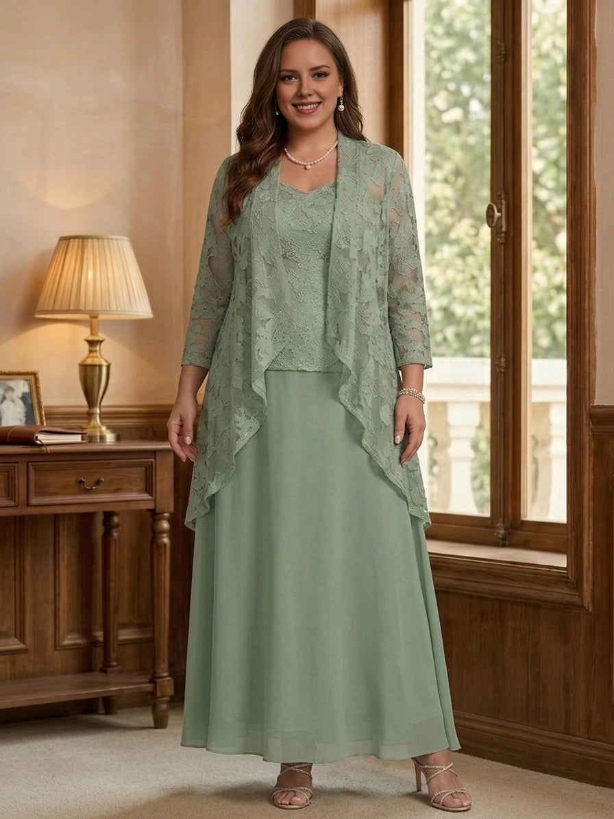 Roselledress sage green plus size mother of the bride dress front view, 3 piece set v-neck lace top chiffon skirt with open front lace jacket a-line maxi gown