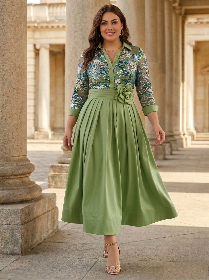 Roselledress green plus size mother of the bride dress front view, collared 3/4 sleeve floral lace gown with 3D flower waist a-line midi skirt