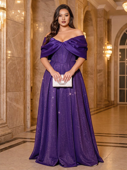 Roselledress purple plus size a-line glitter satin prom dress off shoulder folded neck corset bodice formal gown front view