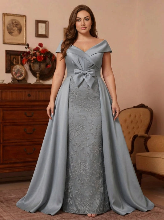 Roselledress dusty blue off shoulder plus size mother of bride gown with bow sash and lace overlay front view
