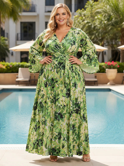 Roselledress green floral plus size wedding guest dress v-neck bell sleeve wrap maxi gown front view
