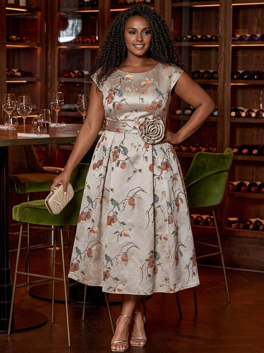 Roselledress floral jacquard plus size wedding guest dress round neck cap sleeve midi gown front view