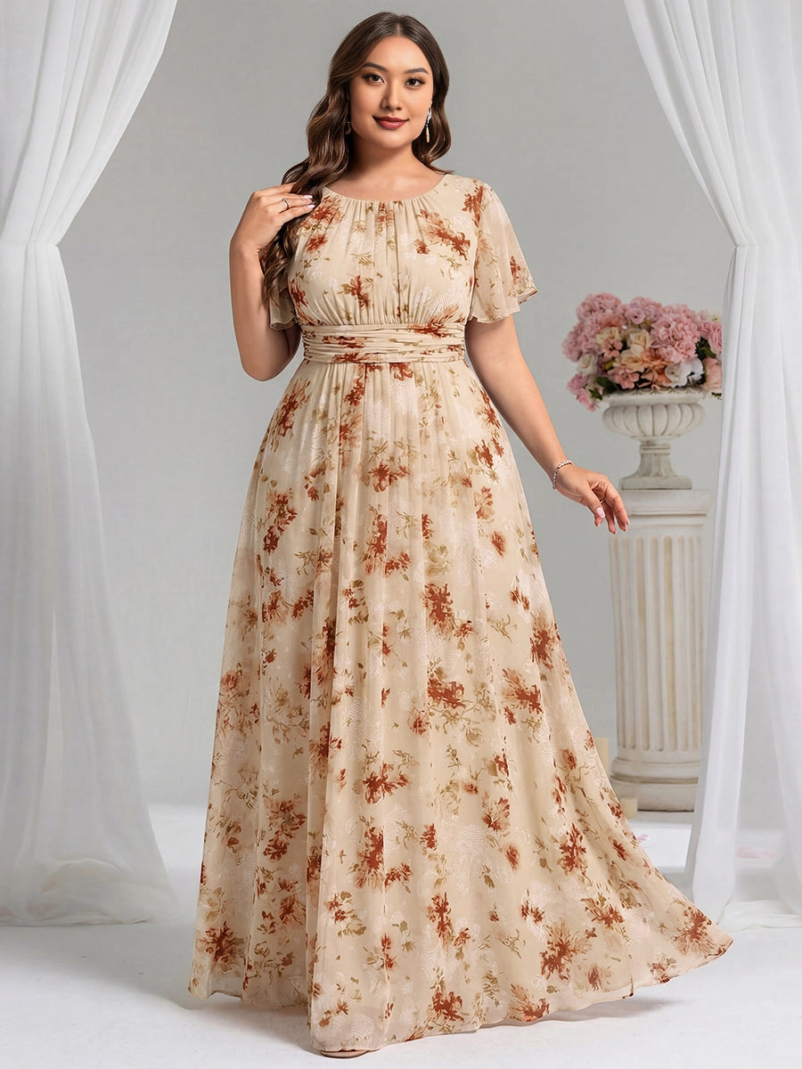 Roselledress beige floral plus size a-line chiffon maxi dress round neck flutter sleeve ruched waist front view