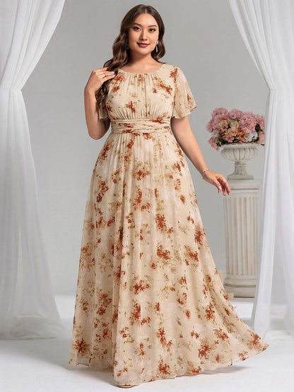 Roselledress beige floral plus size a-line chiffon maxi dress round neck flutter sleeve ruched waist front view