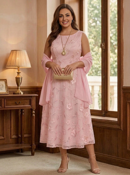 Roselledress pink floral embroidery plus size mother of bride midi dress with chiffon shawl front view