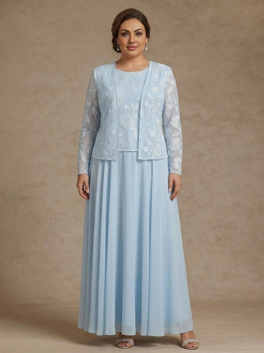 Roselledress light blue plus size mother of bride two piece lace chiffon maxi dress front view