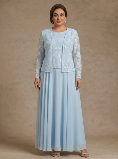 Roselledress light blue plus size mother of bride two piece lace chiffon maxi dress front view
