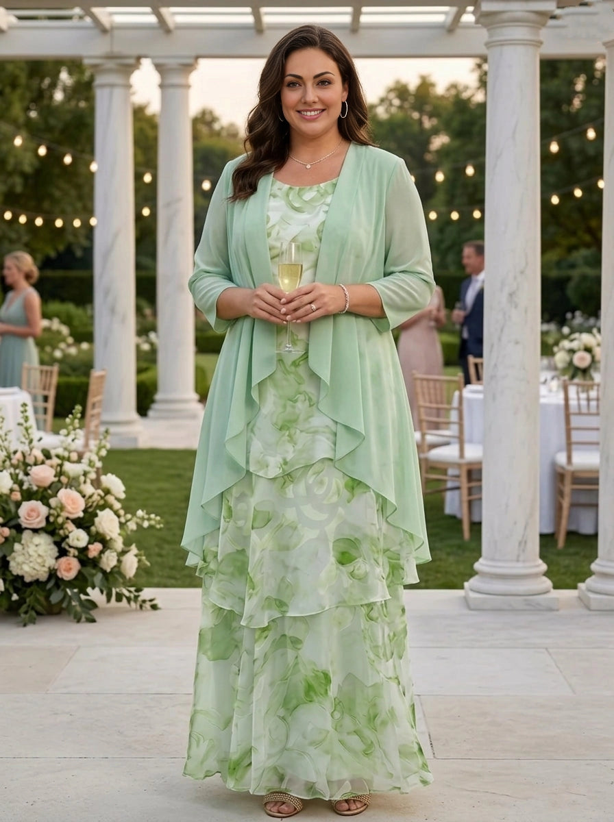 Roselledress green print plus size mother of bride dress two piece chiffon tiered maxi gown front view