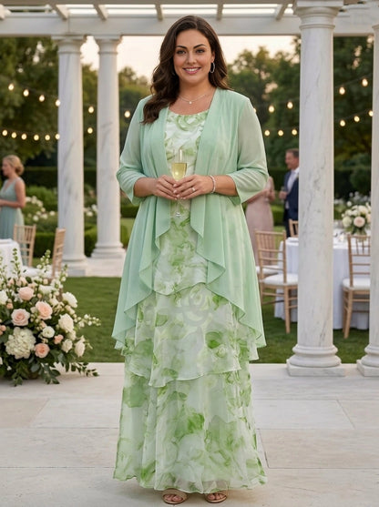Roselledress green print plus size mother of bride dress two piece chiffon tiered maxi gown front view