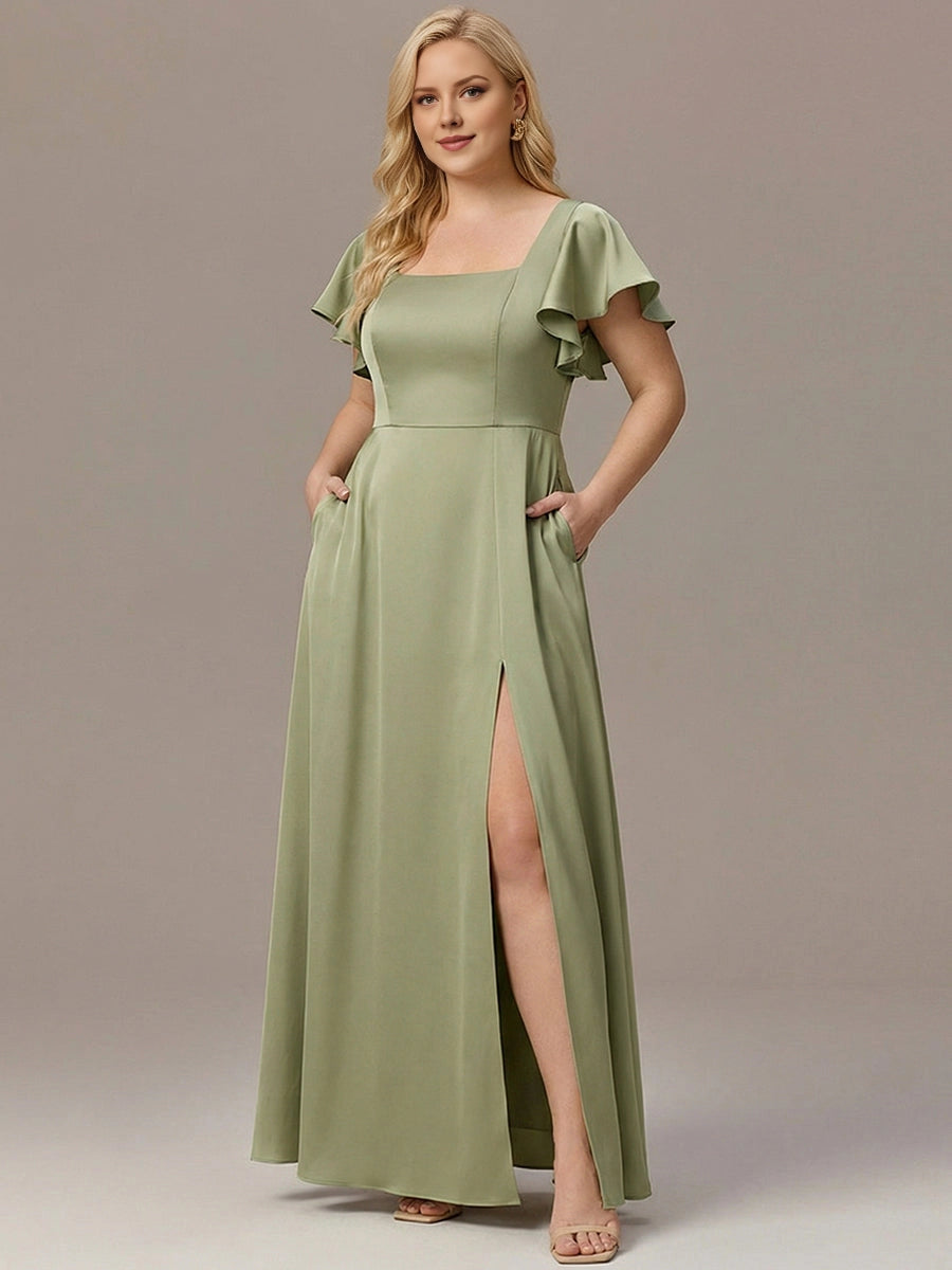 Roselledress sage green plus size a-line satin maxi dress square neck flutter sleeve side slit with pockets front view