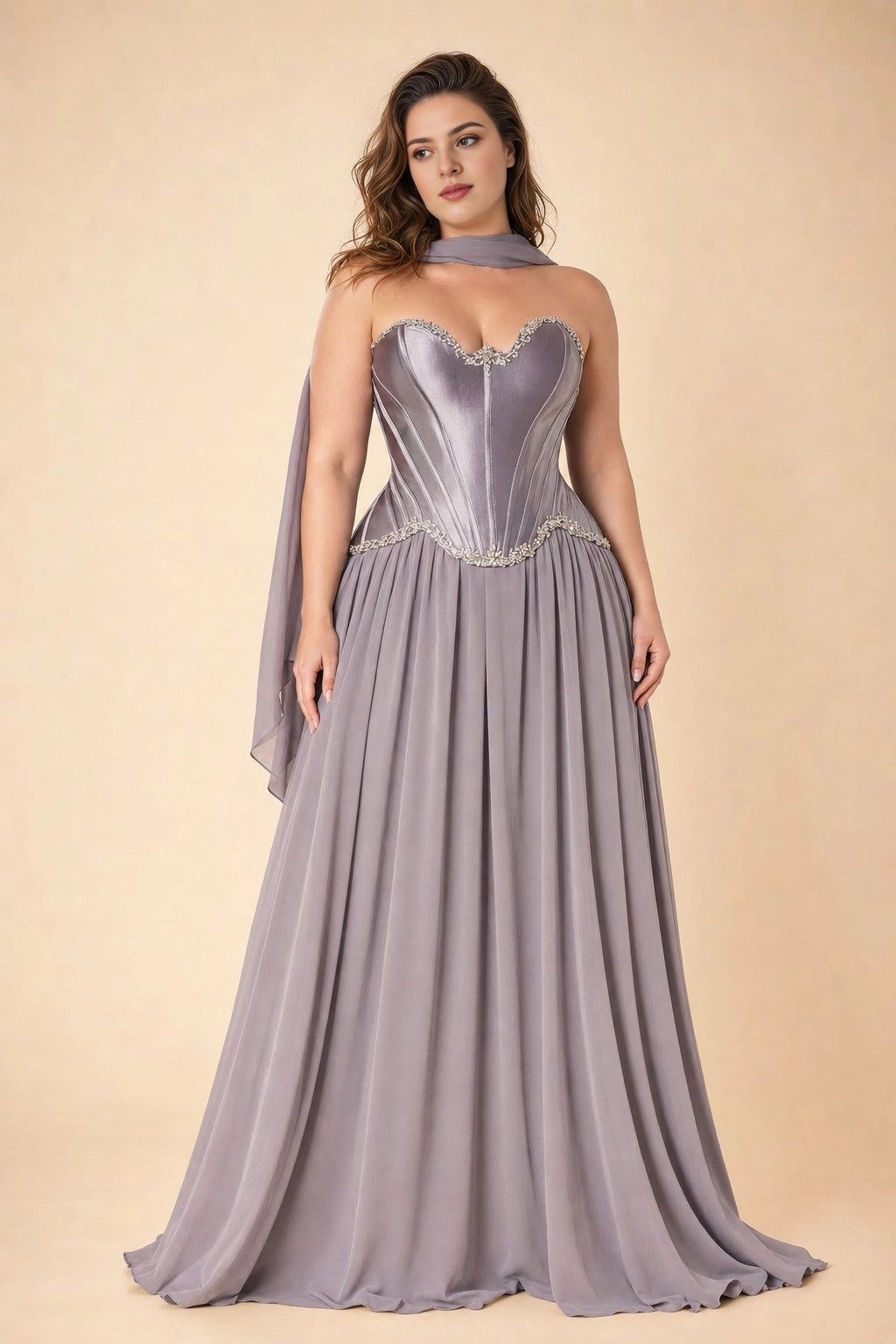Roselledress dusty gray plus size bridesmaid dress front view, strapless corset bodice rhinestone trim chiffon formal gown with shawl