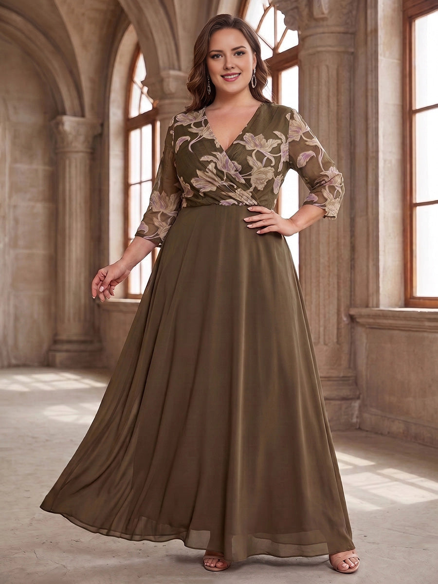 Roselledress olive green plus size a-line gown floral embroidery mesh 3/4 sleeves wrap v neck front view