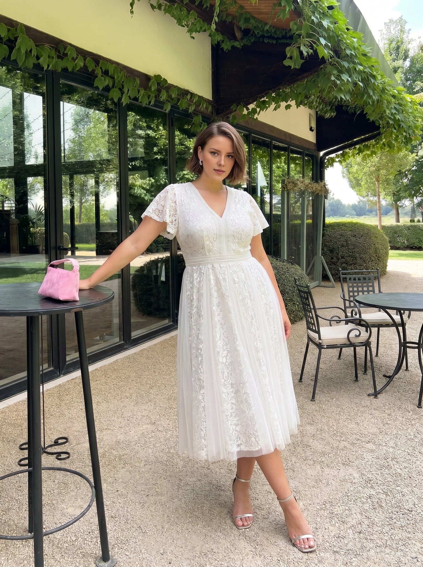 Roselledress white plus size a-line midi dress v neck flutter sleeve sequin lace tulle front view
