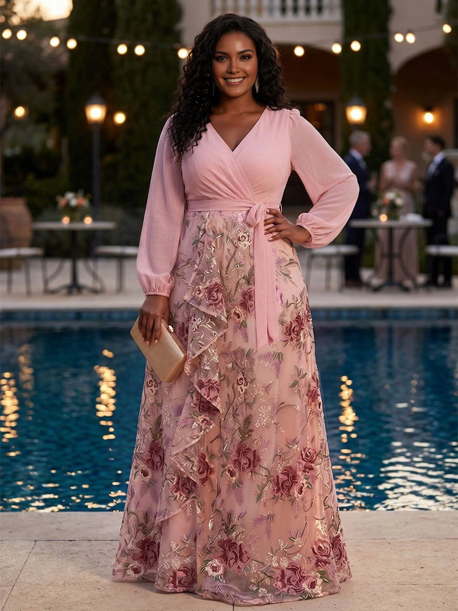 Roselledress blush pink plus size wedding guest dress front view, v-neck wrap long sleeve floral embroidery tulle formal gown
