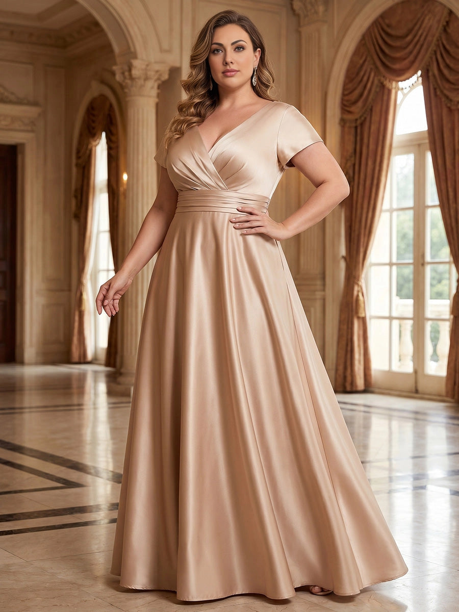 Roselledress champagne plus size a-line satin gown wrap v neck short sleeves ruched waist front view