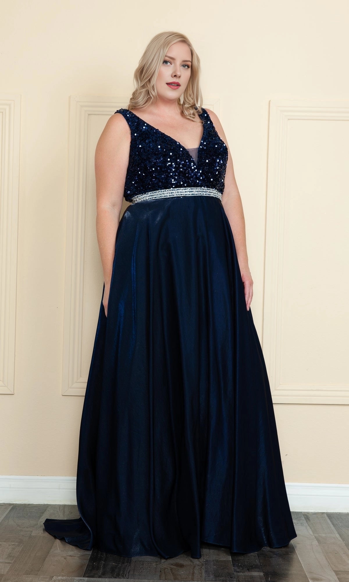 Roselledress navy blue plus size a-line prom dress v-neck sleeveless sequin bodice rhinestone waistband with side pockets front view