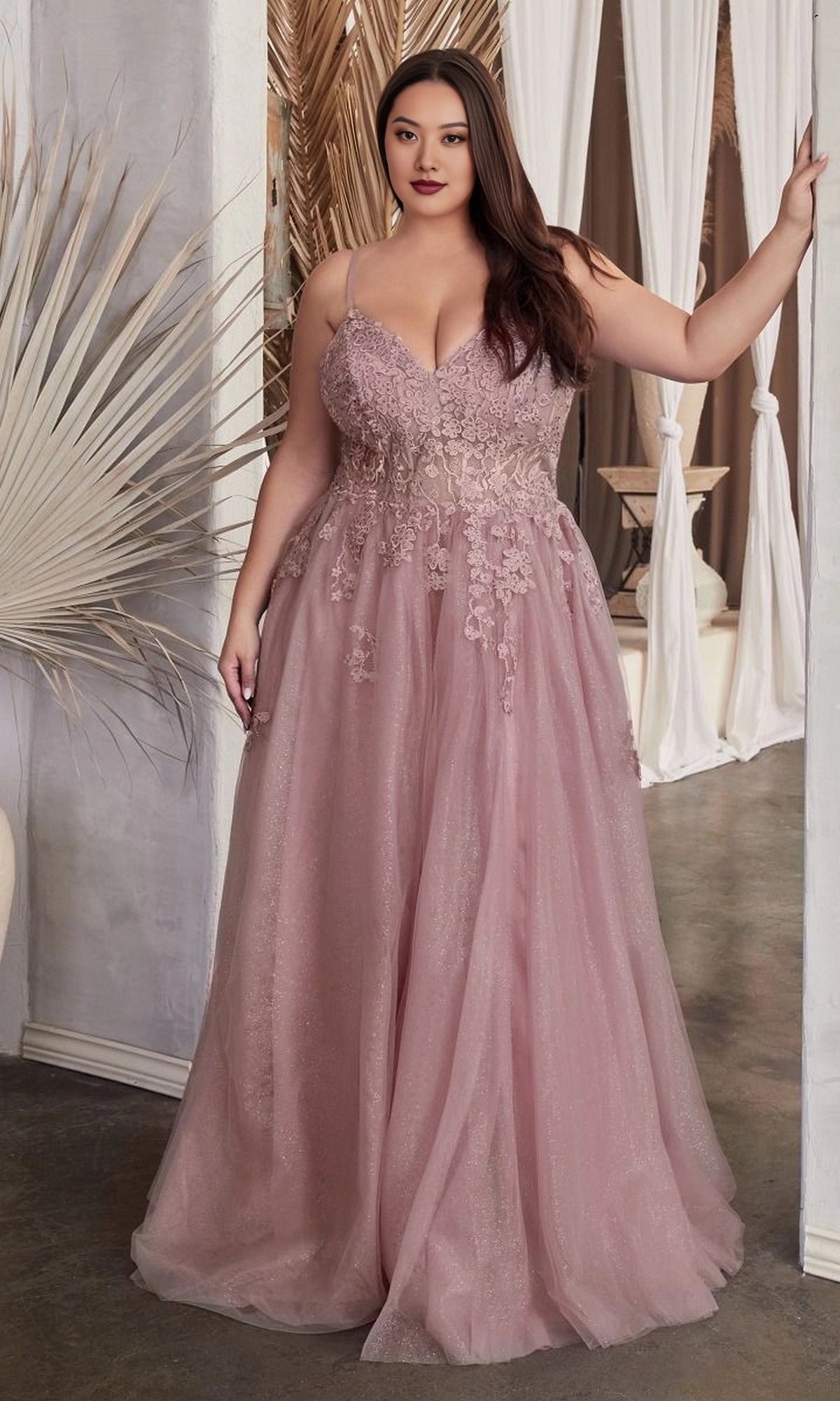 Roselledress dusty mauve plus size a-line glitter tulle prom dress v-neck spaghetti straps floral lace appliques front view