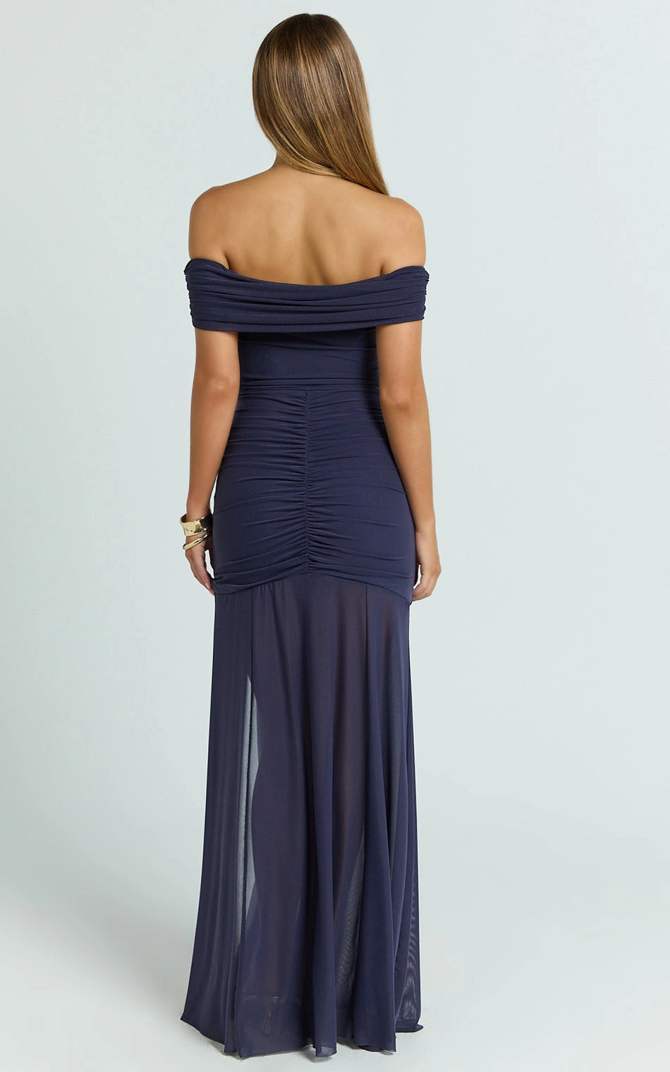 Ruched Off Shoulder Mesh High Slit Plus Size Wedding Guest Dress