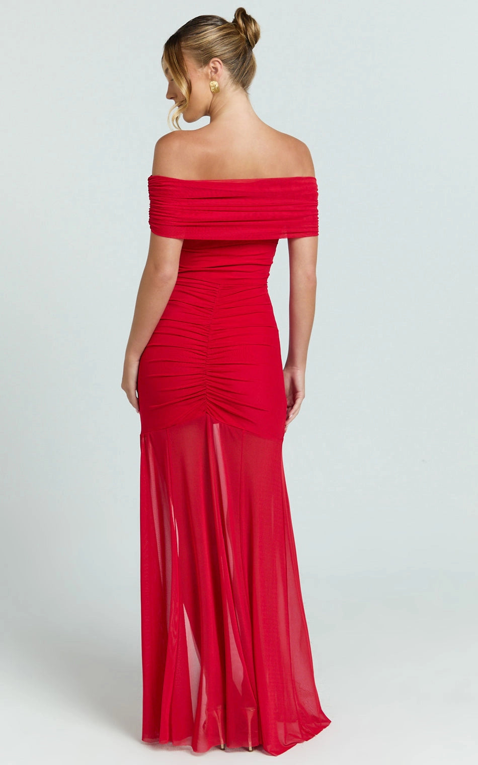Ruched Off Shoulder Mesh High Slit Plus Size Wedding Guest Dress