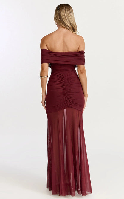 Ruched Off Shoulder Mesh High Slit Plus Size Wedding Guest Dress