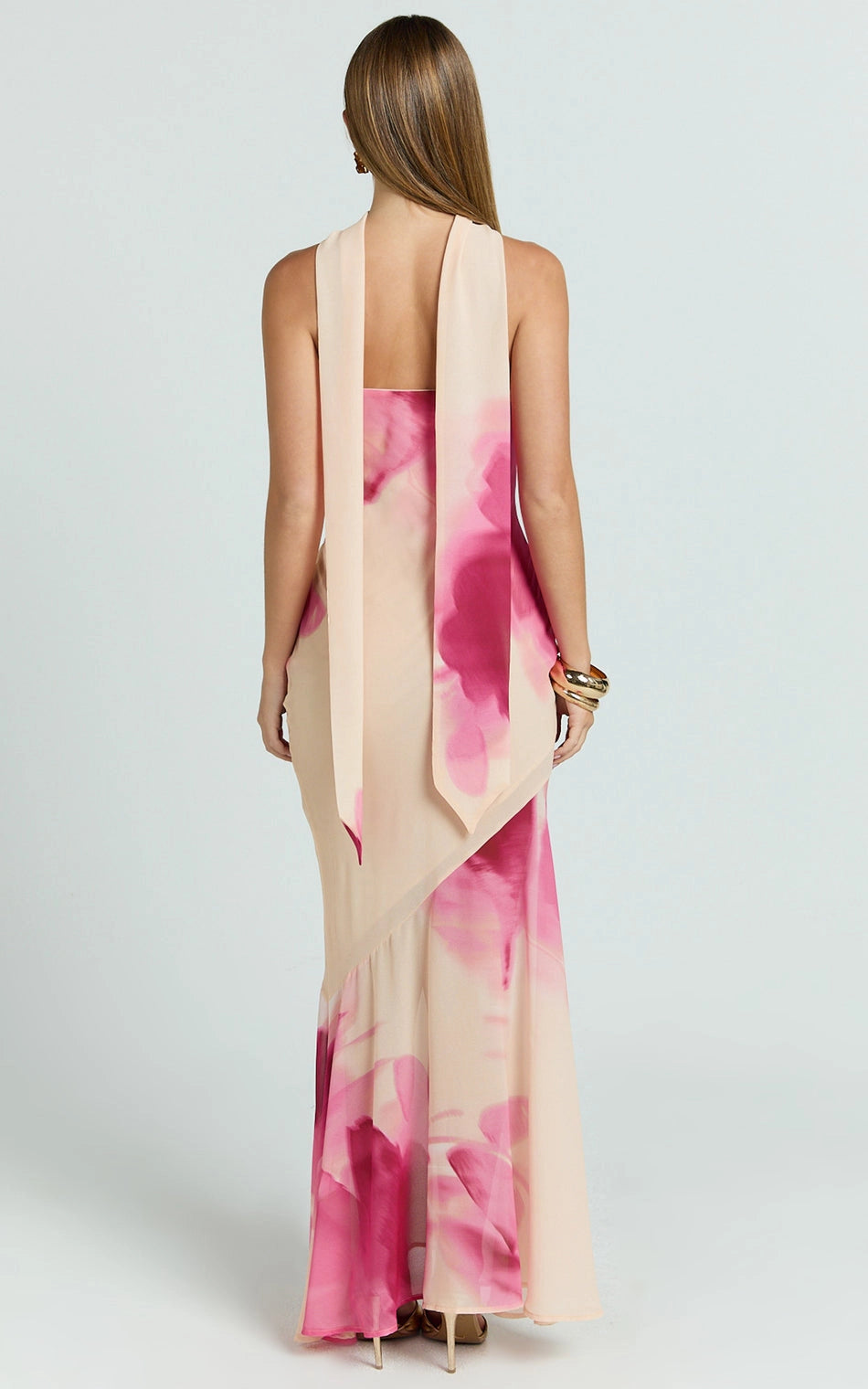 Midi Halter Open Back Floral Print Chiffon Plus Size Wedding Guest Midi Dress