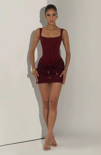 Beaded Corset Square Sleeveless LaceUpBack Mini Party Dress