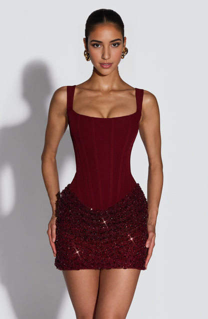 Burgundy beaded corset mini dress square neck lace up back ruched sparkly skirt party dress