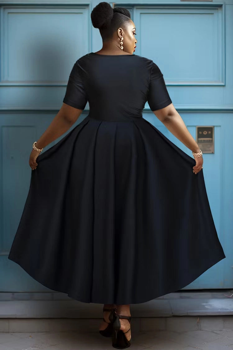 Back view RoselleDress solid black a-line midi dress simple crew back short sleeve plus size casual formal swing dress