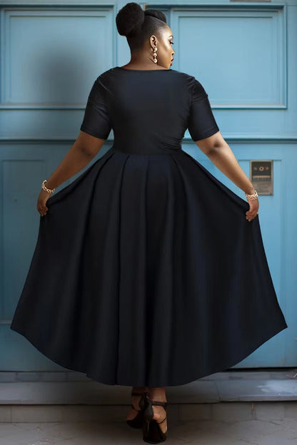 Back view RoselleDress solid black a-line midi dress simple crew back short sleeve plus size casual formal swing dress