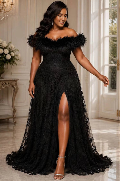 RoselleDress black plus size evening gown off shoulder fluffy feather trim glitter lace a-line gown front high slit formal maxi dress with train