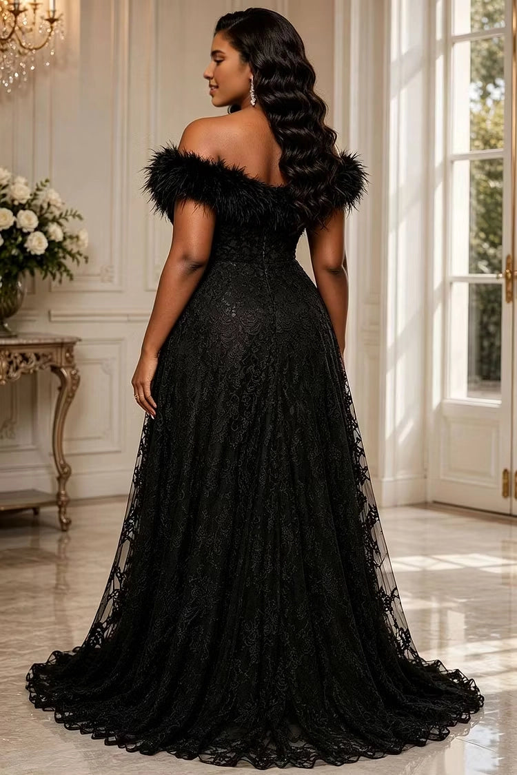 Back view RoselleDress lace formal gown off-the-shoulder feather neckline low back invisible zipper plus size prom evening dress