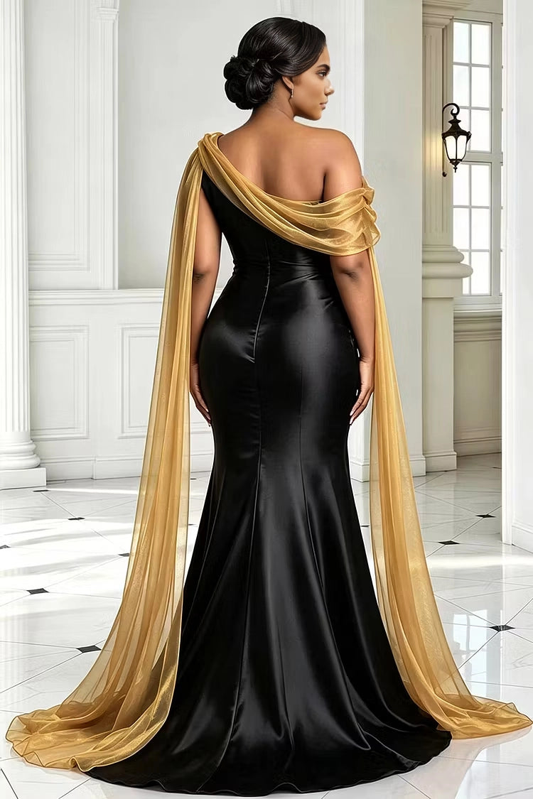 Back view RoselleDress black satin mermaid formal dress zip back off shoulder gold shimmer cape train luxury plus size prom gown